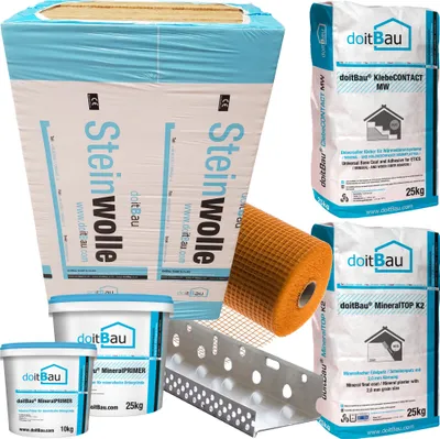 Produktbild von 400m² WDVS Steinwolle 034 Komplettpaket mooo 120mm Fassadendämmung WLG034 WDVS Putzträgerplatte Dämmplatte VWS Mineralwolle Wärmedämmung System