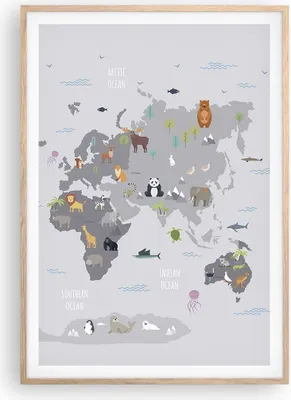 Produktbild von Gerahmtes Poster - Rahmen in heller Eiche - Karte die Welt Kontinente - 70x100 cm - Wand Bild - Wanddeko - Wandbilder - Kunstposter - Wandposter - Bilderrahmen - Bilder - Kunstdruck - P2NPA70x100-5033