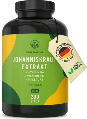 Produktbild von Johanniskraut Extrakt - 200 Kapseln - entspricht 3.600mg pro Kapsel - mit Vitamin B6, B12 & Folsäure (tragen zur Verringerung von Müdigkeit bei) - Vegan, Deutsche Produktion TRUE NATURE®