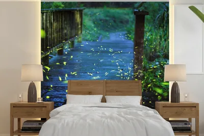 Produktbild von MuchoWow® Fototapete für Wohnzimmer oder Schlafzimmer Wandtapete Vinyl Motivtapete Glühwürmchen über einer Brücke - 260x260 cm - Papiertapeten