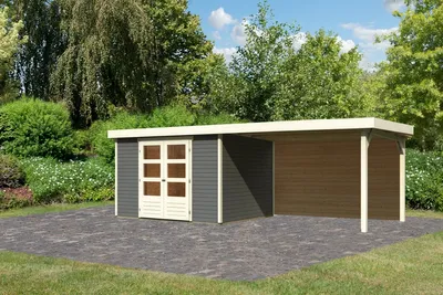 Produktbild von Karibu Gartenhaus Gerätehaus Askola 5 im Set mit Anbaudach 2,80 m Breite und 19 mm Rückwand terragrau 557x246x211 cm