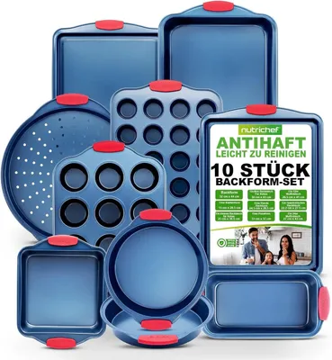 Produktbild von NutriChef Backform Set, 10-Teilig- Muffin Backform 24&12er,Backblech- 32x44&30x43cm,Kastenform Kuchen,Pizzablech,Quadratische Backform,Kohlenstoffstahl