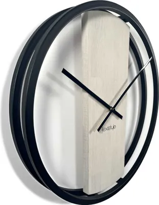 Produktbild von Wanduhr groß ohne tickgeräusche LOFT OVAL Metall schwarz 3D XXL modern Holz Eiche Badezimmer Wohnzimmer 50cm Durchmesser Weiss
