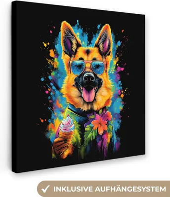Produktbild von MuchoWow® - Leinwandbilder - Graffiti - Sommer - Hund - Tier, Wandbild, Wanddeko Bilder Wohnzimmer, 50x50cm