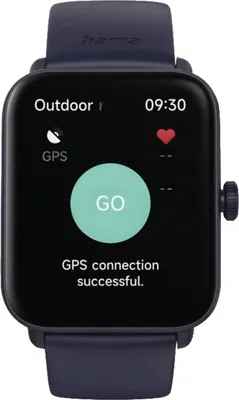 A smartwatch displaying an outdoor activity tracking screen with GPS connection status and a 'GO' button.