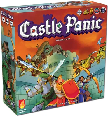 The image shows the box art for the board game Castle Panic, depicting a scene of knights defending a castle from attacking monsters.