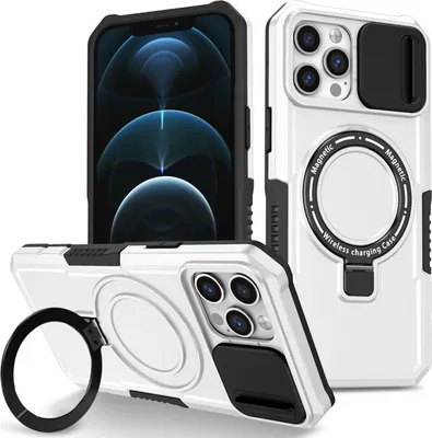 Produktbild von Handyhülle für iPhone 12 /iPhone 12 Pro Kompatibel mit MagSafe, Robuste Hülle mit Schiebe Kamera Schutz, Magnetischer Ringständer Weiß