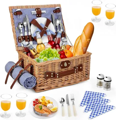 Obrázok produktu pre Piknikový kôš - Pre 4 osoby - S príborom - Bez chladiacej tašky - Z mikrovlákna - Hnedý