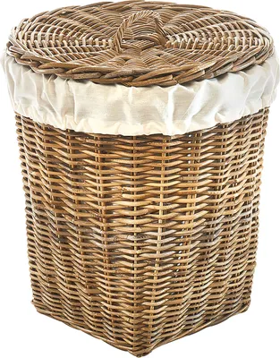 A wicker laundry basket with a fabric liner and a lid, shown against a white background.