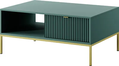 Produktbild von DomoHome Eleganter Couchtisch Nova – mit Goldakzent, Moderne Schublade aus MDF und Goldfarbene Metallbeinen, Minimalistisches Design, Farbe: Lablador, Größe: 104x104x46 cm