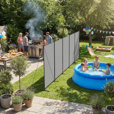 Produktbild von FIVMEN Paravent Outdoor wetterfest mit Heringen und Abspannleinen,Klappbar Freistehend Trennwand ohne Bohren,mobiler sichtschutz für Garten Balkon terrasse,5 Teilig 400 x 180 cm Hellgrau