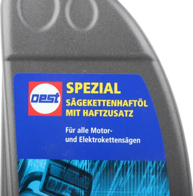 A close-up of a bottle of OEST Sägekettenhaftöl.