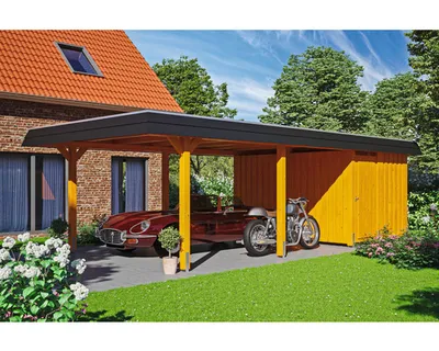 Produktbild von Einzelcarport SKAN HOLZ Wendland schwarze Blende inkl. Abstellraum, Pfostenanker 409 x 870 cm eiche hell