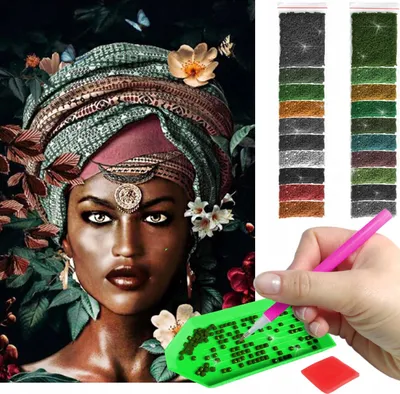 Produktbild von ARTULIO - Diamond Painting Set - Afrikanische Frau mit Turban und Blumen - 60 x 40 cm - Groß XXL - Eckige quadratische Steine - 5D Diamant Painting