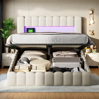 Image de ProximaX Lit rembourré avec fonction de charge USB et tête de lit à rangement LED, Lit à rangement hydraulique Lit double 160x200cm, Sommier à lattes en bois, Lit avec sommier à lattes en métal, Lin, Beige