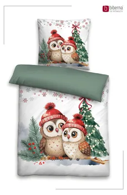 Produktbild von Biberna Eulen an Weihnachten 135x200 cm - tanne, Feinbiber-Bettwäsche