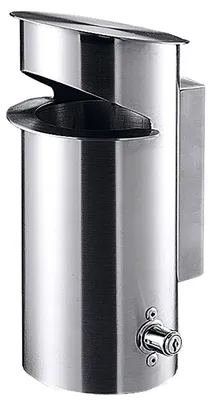 Immagine prodotto di Posacenere da parete in acciaio inox, con finitura nera opaca all'esterno, l'apertura del coperchio trattiene il fumo all'interno in modo da soffocare il fuoco che ne deriva