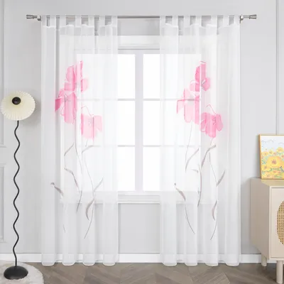 Produktbild von Joyswahl Vorhang mit Schlaufen Voile Modern Gardinen Fensterschals mit handgesprühten Blumen Transparent Schlafzimmer Wohnzimmer Rosa HxB 175x150cm 1 Stück