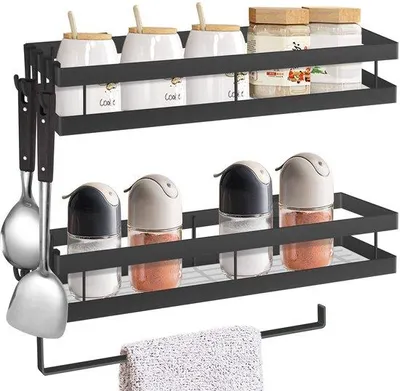 Obrázek produktu pro Sada nástěnných organizérů na koření Unyqoos® – 2 kusy, včetně držáku na kuchyňské utěrky a odnímatelných háčků, černá barva, rozměry 35×12×5,5 cm, ocelová slitina, vhodné do kuchyně i koupelny