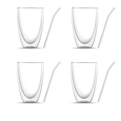 Produktbild von BEM 8-er Gläser Set: 4 x Doppelwandige Matcha Latte Macchiato Frappe Kaffeegläser, für heiße und kalte Getränke (je 440 ml) und 4 x Glasstrohhalme