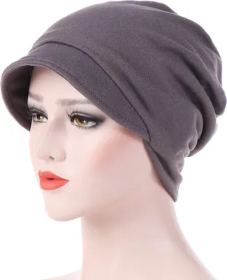 Produktbild von Mode Baumwolle Frauen einfarbig warme Herbst Beanie Cap mit Krempe Turban Hut