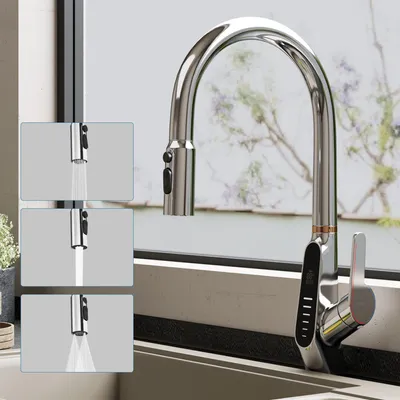 Produktbild von doporro Wasserhahn Küche Hochdruck mit Digitalanzeige, Ausziehbare Vollmessing-Körper Spültischarmatur, Einhebel-Mischbatterie Küche Silber MS-8085