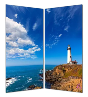 Produktbild von Wallario selbstklebende Duschrückwand 160 x 180 cm mit Motiv Leuchtturm auf einem Felsvorsprung - Blauer Himmel - Wandverkleidung mit Hochglanzlaminat in Glasoptik