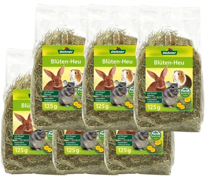 Produktbild von Dehner Nagersnack, Blüten-Mix rohfaserreich, für Zwergkaninchen / Nager, Heu / Ringelblume, 6 x 125 g (750 g)