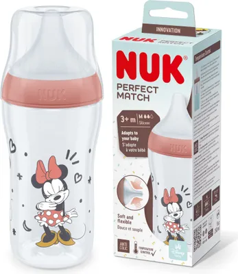 Produktbild von NUK Perfect Match Babyflasche | Ab 3 Monate | Passt sich dem Baby an | Temperature Control | Anti-Colic | 260 ml | -frei | Silikontrinksauger, Medium | Disneys Micky Maus [rot]