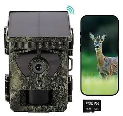 Produktbild von Siltcon® Solar Wildkamera 8K 60MP – WLAN App – Nachtsicht – IP67 – 128GB SD – Stativ – Solarpanel – 5200mAh Akku