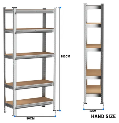Image de Étagère métallique - Étagère de stockage robuste, 5 niveaux - Étagères réglables - Capacité de charge : 875 kg - Dimensions : 180 x 90 x 40 cm - Empilable - Argent