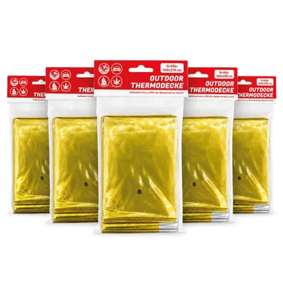 Produktbild von 5er Set Rettungsdecke Gold/Silber für Notfallsituationen und Allwetterbedingungen Rettungsfolie Notfalldecke für Auto, Erste Hilfe, Camping & Outdoor