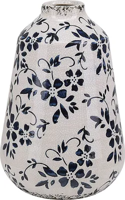 Produktbild von BELIANI Blumenvase Weiß Steinzeug Handgefertigt 20 cm mit Blauem Blumenmotiv Wasserdicht Deko Accessoires Wohnzimmer Schlafzimmer Flur Kamin