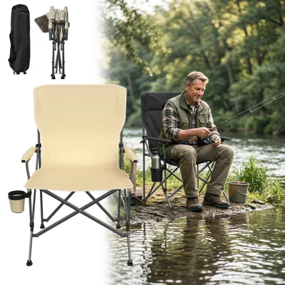 Produktbild von UISEBRT Klappbarer Angelstuhl Outdoor, Creme, stabiler Stahlrohrrahmen und robustes Gewebe, vielseitig für Angeln und Freizeitaktivitäten