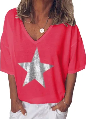 Produktbild von Plus Size Sommer Frauen Star V-Ausschnitt Kurzarm T-Shirt Einfarbig Loose Top Rot L.