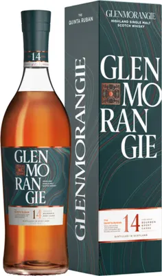 A bottle of Glenmorangie The Quinta Ruban 14 Year Old Highland Single Malt Scotch Whisky and its gift box are displayed against a white background.