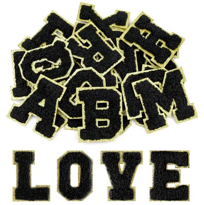 Chenille-Buchstaben-Patches A-Z, 52 Stück, Schwarz mit Goldrand
