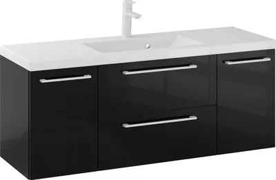 Produktbild von Rosen 120 cm Badezimmerschrank in Schwarz Hochglanz mit Waschbecken und Weißen Griffen - Zeitloses Design für ein elegantes Bad