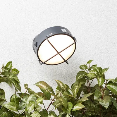 A gray outdoor wall lamp is mounted on a textured white wall, with green ivy plants in the foreground.