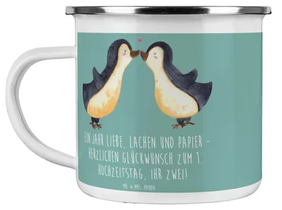 Produktbild von Mr. & Mrs. Panda Haferl 1. Hochzeitstag Papierhochzeit - Meeresbrise - Geschenk, Geschenke, Emaille Becher, Beziehung, Tasse, Pott, Ehejahrestag, Heiraten, handgefertigte