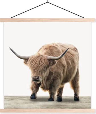 Produktbild von MuchoWow® Textilposter Schottisches Hochlandrind - Tiere - Holz - Jungen - Kinder - Kinder 40x40 cm mit holzfarbenen Rahmen - Posterleiste