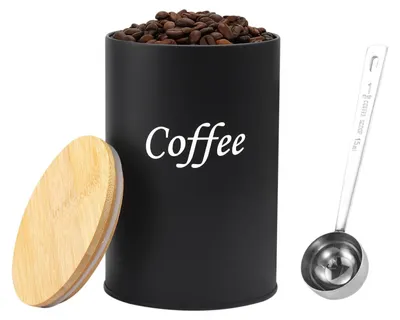 Produktbild von Kaffeedose - Luftdichter Vorratsbehälter mit Holzdeckel und Löffel - Zur Aufbewahrung von Kaffee, Tee, Nüssen, Kakao und Zucker - 500 ml - Schwarz
