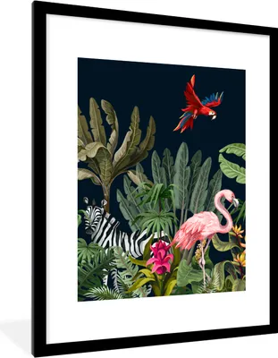Produktbild von MuchoWow® Gerahmtes Poster Dschungel - Pflanzen - Tiere - Kinder - Flamingo - Zebra 60x80 cm - Poster mit Schwarzem Bilderrahmen Wandposter Rahmen Foto Bilder - Wohnzimmer - Dekorationen - Prämie