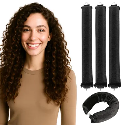 Produktbild von Lockenwickler 3er-Set – Heatless Overnight Curls für natürliche, voluminöse Wellen – Weiche Locken Samt-Haarroller mit Hakenverschluss (Schwarz)