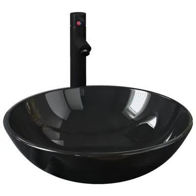 A black bathroom sink with a black faucet against a white background.