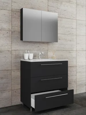 Produktbild von VCM 3-tlg. Waschplatz Waschtisch | Waschbecken Unterschrank Breite 80 cm | Badmöbel Set stehend mit drei Schubladen Spiegelschrank | Badinos