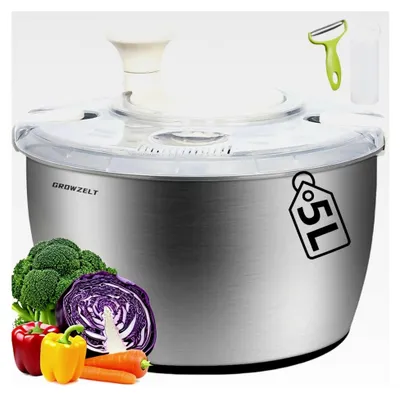 Produktbild von XXL Salatschleuder Edelstahl 5L mit Schäler und Quetschflasche - Spülmaschinengeeignet - Ideal zum Waschen und Trocknen von Salat