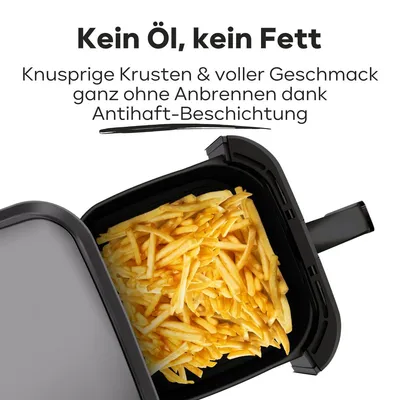 An open air fryer with french fries inside, with marketing text above.