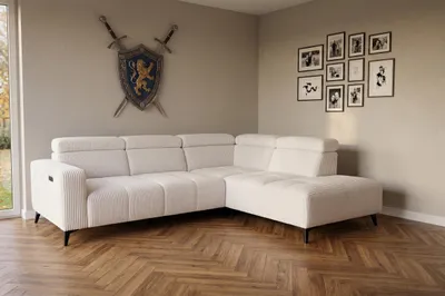 Produktbild von Modernes Ecksofa Velvet cord weiß mit elektrischer Relaxfunktion | Verstellbare Kopfstützen | Edles Design
