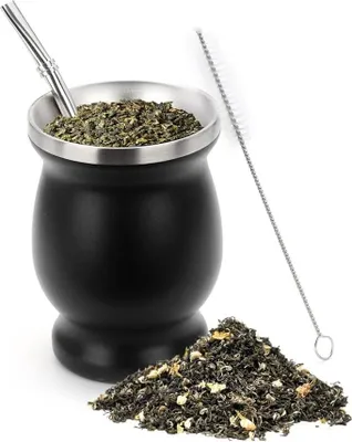 Produktbild von PIQIUQIU Edelstahl Yerba Mate Tee Becher Set, 230 ml / 8 OZ doppelwandigen, BPA-freiem, mit Strohhalmen und Reinigungsbürste(Schwarz)